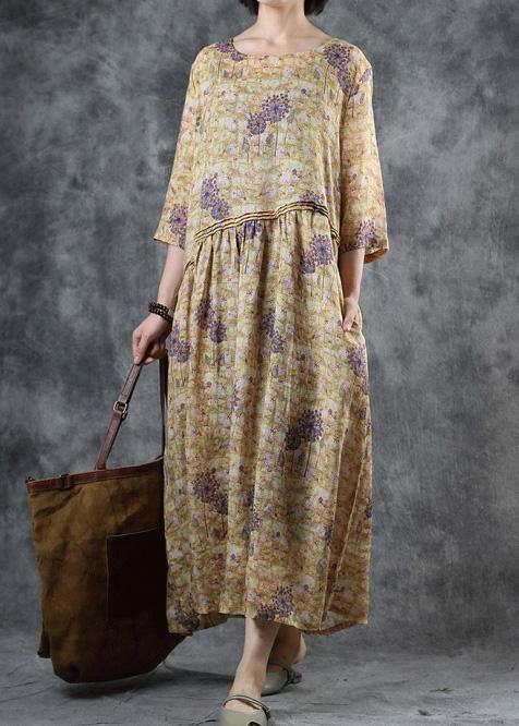 Loose O Neck Half Sleeve Linen Clothes Runway Yellow Dresses