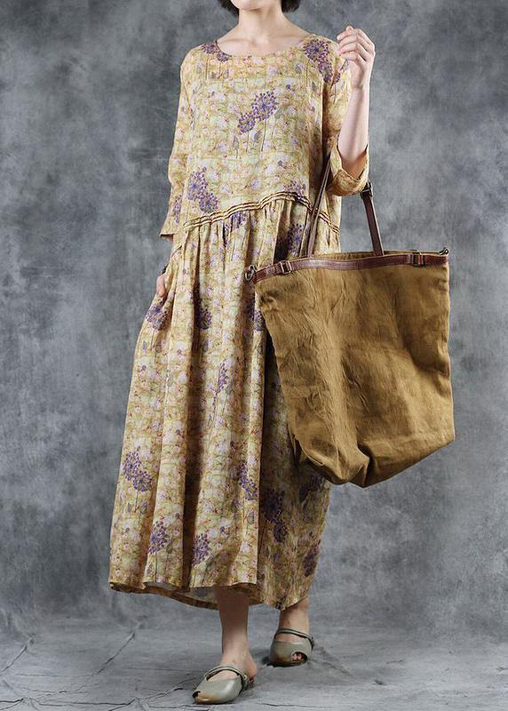 Loose O Neck Half Sleeve Linen Clothes Runway Yellow Dresses