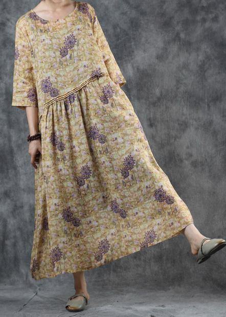 Loose O Neck Half Sleeve Linen Clothes Runway Yellow Dresses