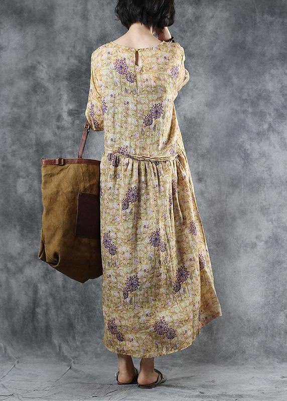 Loose O Neck Half Sleeve Linen Clothes Runway Yellow Dresses