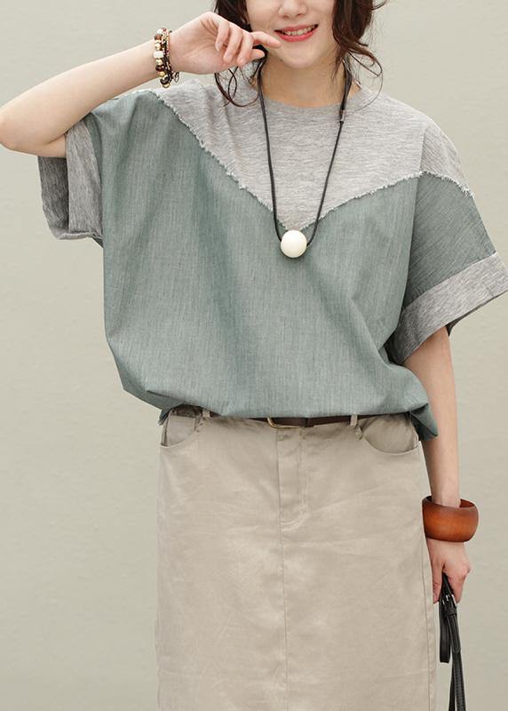 Loose O Neck Patchwork Cotton Summer Blouse Pattern Gray Tops