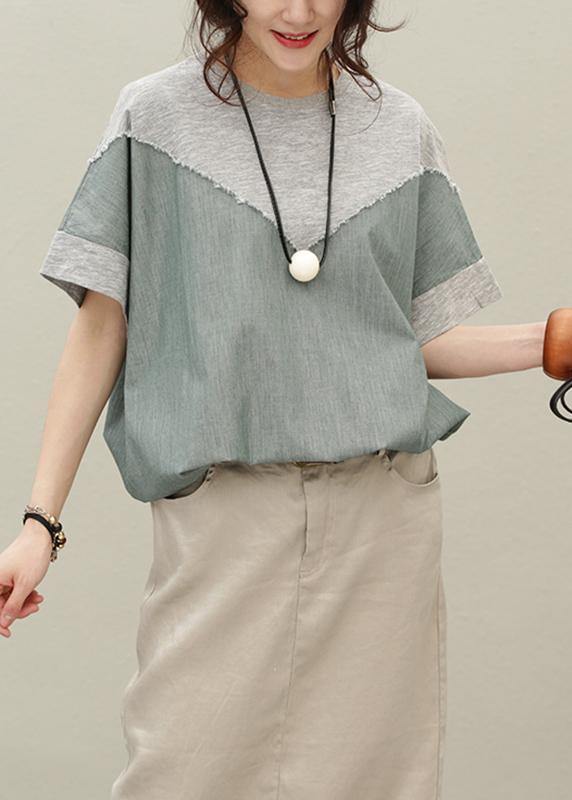 Loose O Neck Patchwork Cotton Summer Blouse Pattern Gray Tops