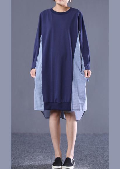 Loose O Neck Patchwork Tunic Top Sewing Blue Plaid Dress