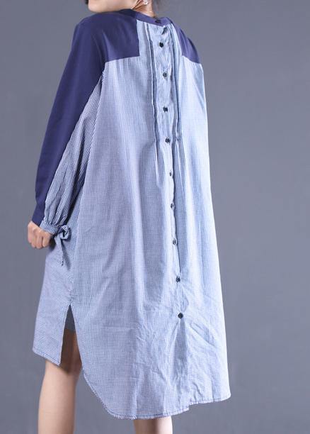 Loose O Neck Patchwork Tunic Top Sewing Blue Plaid Dress