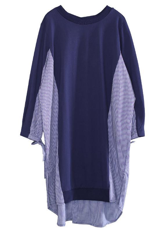 Loose O Neck Patchwork Tunic Top Sewing Blue Plaid Dress
