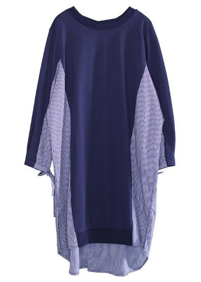 Loose O Neck Patchwork Tunic Top Sewing Blue Plaid Dress