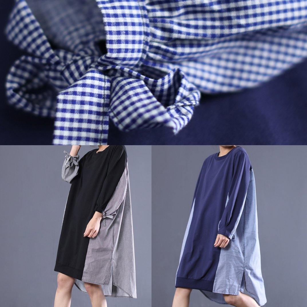 Loose O Neck Patchwork Tunic Top Sewing Blue Plaid Dress