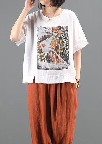 Loose O Neck Patchwork Tunic Top White Print Oversized Tops