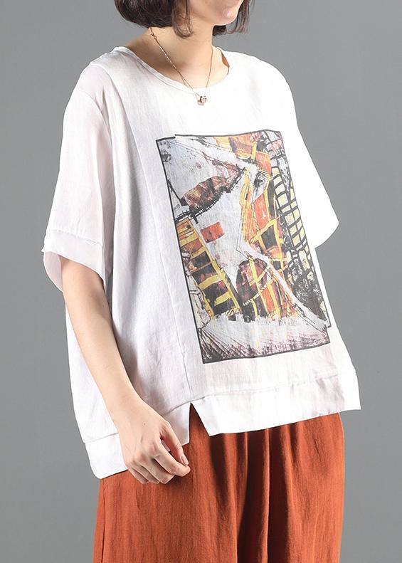 Loose O Neck Patchwork Tunic Top White Print Oversized Tops