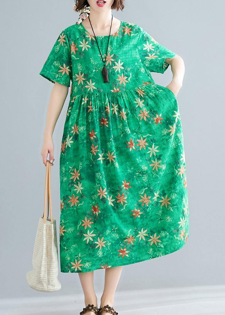 Loose O Neck Patchwork Cinched Cotton Dresses Outfits Green Print Traveling Dresses Summer