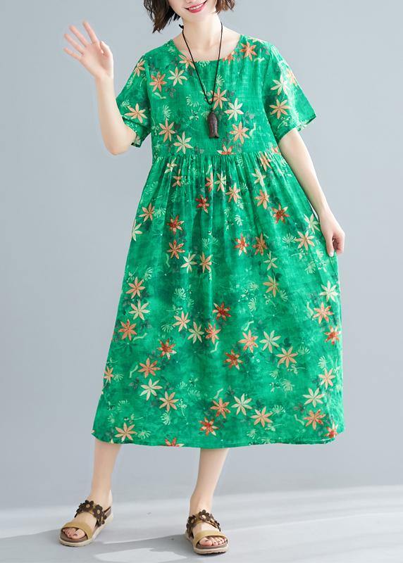 Loose O Neck Patchwork Cinched Cotton Dresses Outfits Green Print Traveling Dresses Summer