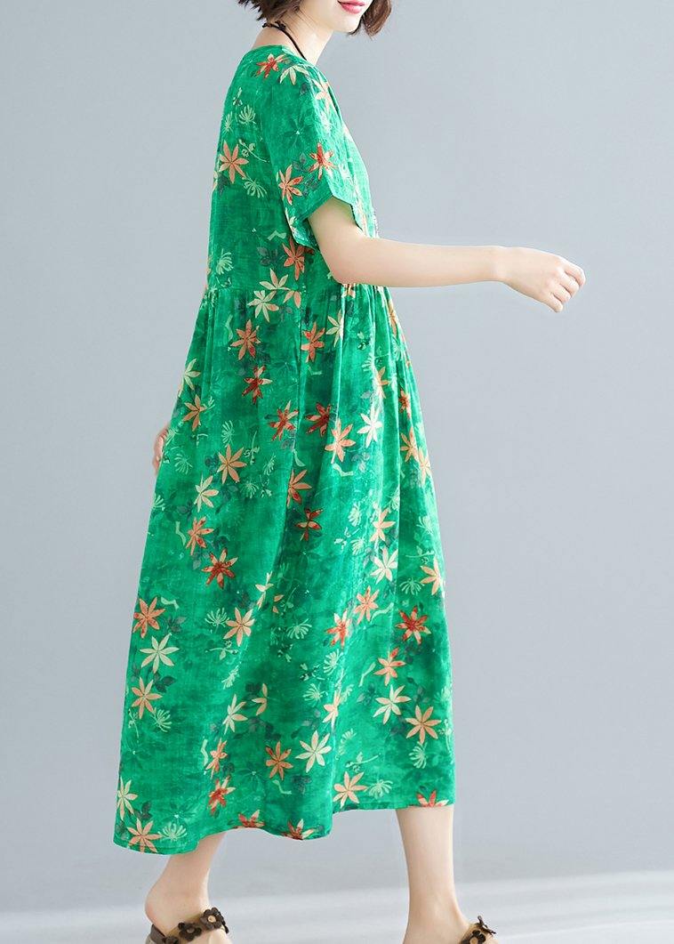 Loose O Neck Patchwork Cinched Cotton Dresses Outfits Green Print Traveling Dresses Summer
