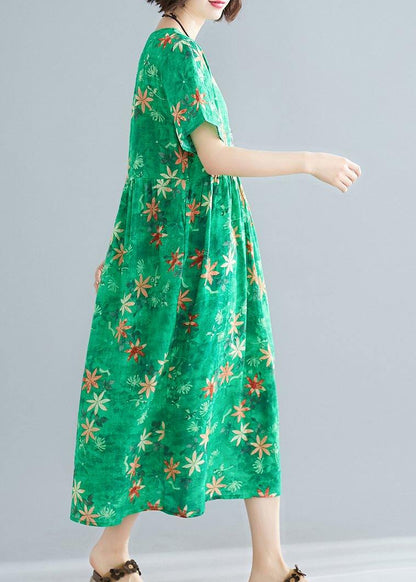 Loose O Neck Patchwork Cinched Cotton Dresses Outfits Green Print Traveling Dresses Summer