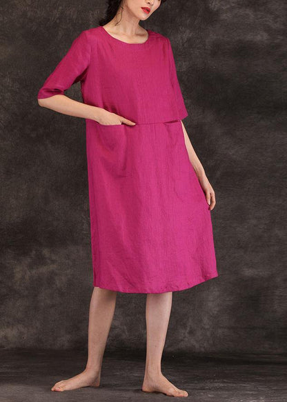 Loose O Neck Pockets Linen Dresses Work Outfits Burgundy Dress Summer