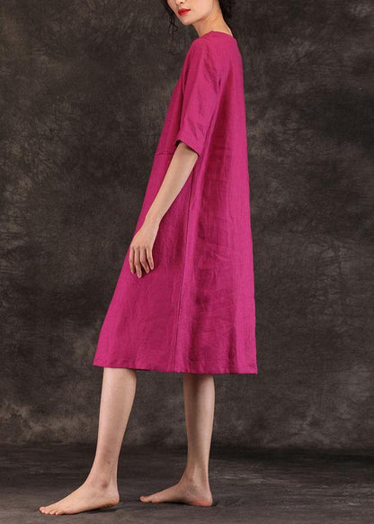 Loose O Neck Pockets Linen Dresses Work Outfits Burgundy Dress Summer