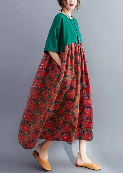 Loose O Neck Quilting Dresses Catwalk Blackish Green Patchwork Print Dresses