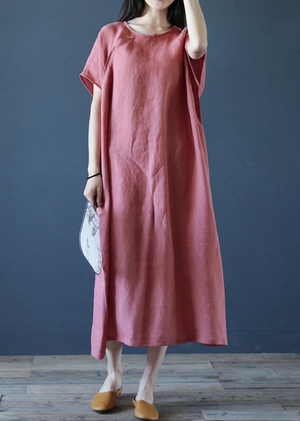 Loose O Neck Short Sleeve Linen Dresses Sewing Pink Dresses