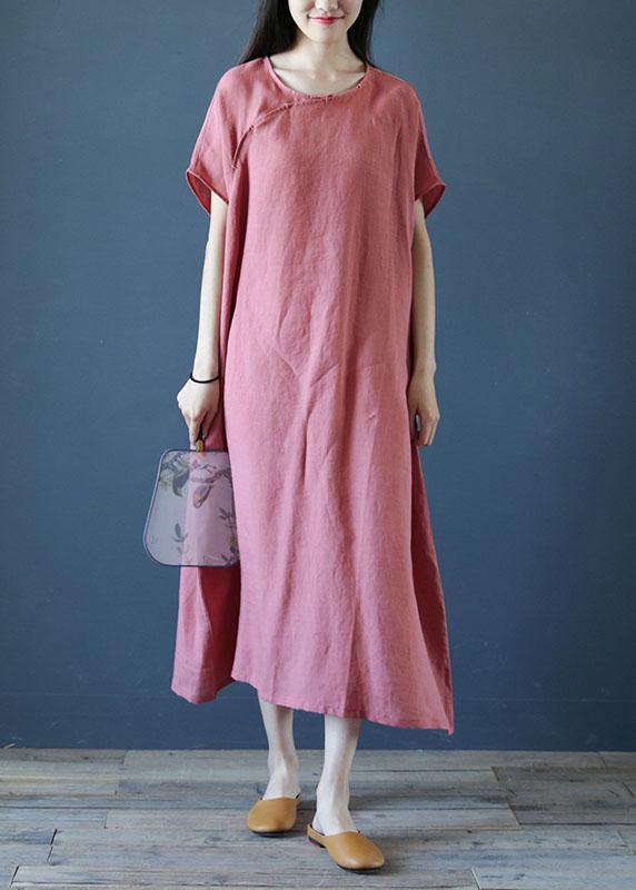 Loose O Neck Short Sleeve Linen Dresses Sewing Pink Dresses