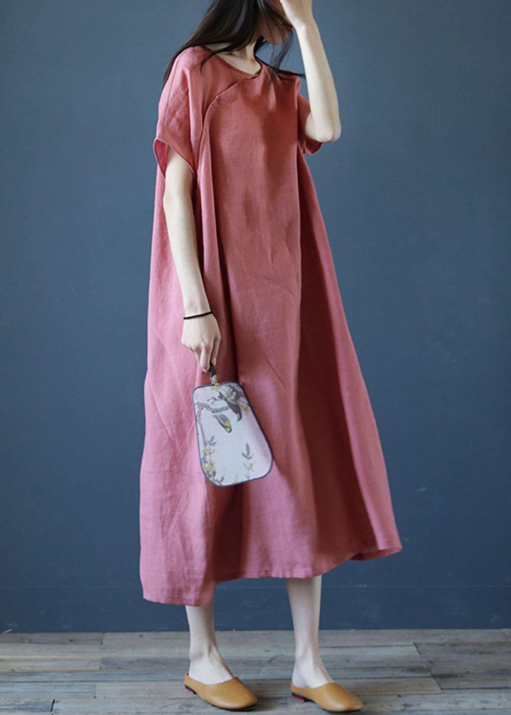 Loose O Neck Short Sleeve Linen Dresses Sewing Pink Dresses