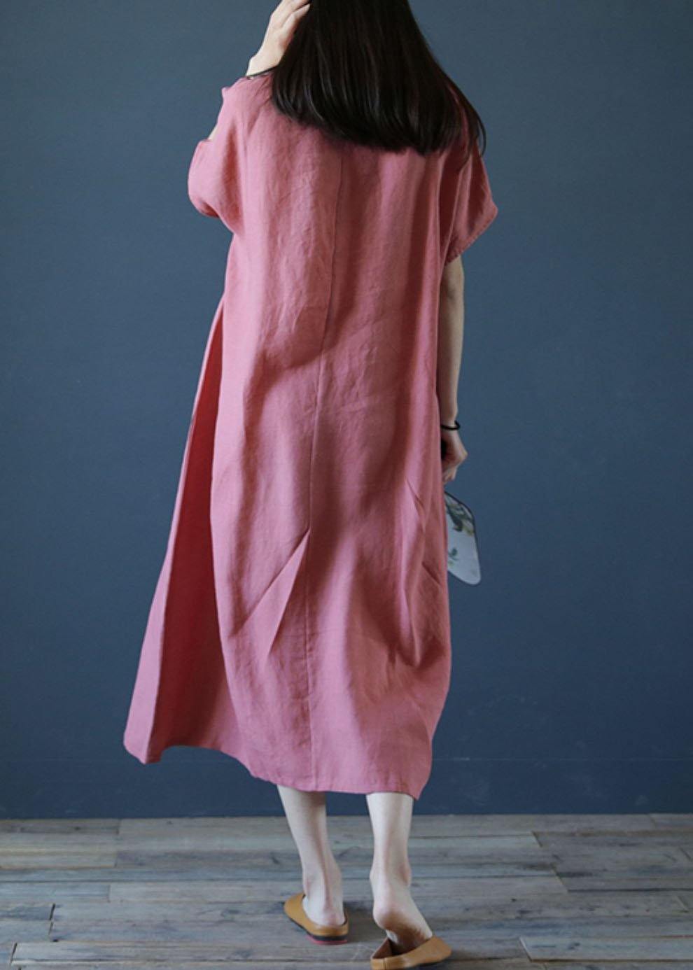 Loose O Neck Short Sleeve Linen Dresses Sewing Pink Dresses