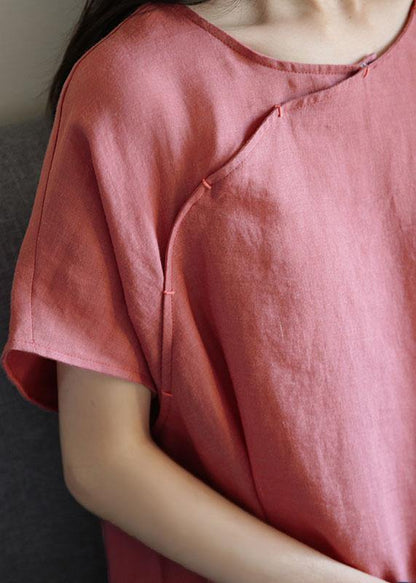 Loose O Neck Short Sleeve Linen Dresses Sewing Pink Dresses