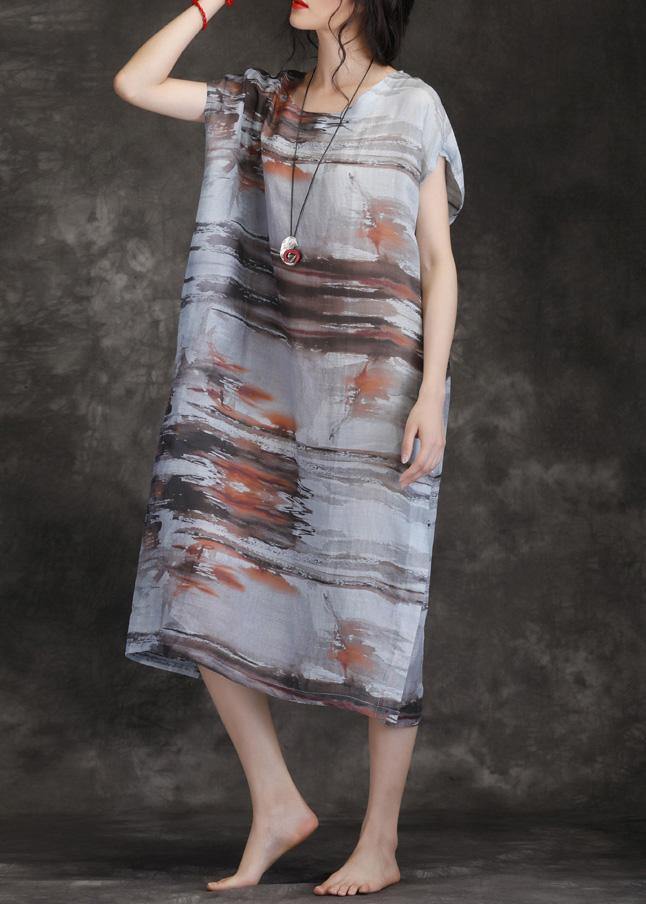 Loose O Neck Short Sleeve Pockets Linen Robes Gray Print Dresses Summer