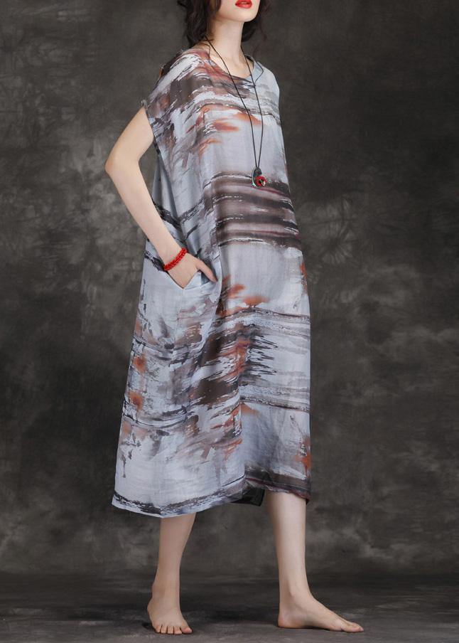Loose O Neck Short Sleeve Pockets Linen Robes Gray Print Dresses Summer