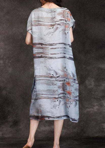Loose O Neck Short Sleeve Pockets Linen Robes Gray Print Dresses Summer