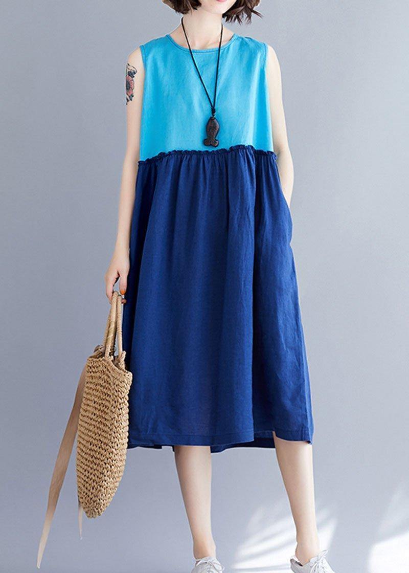 Loose O Neck Sleevless Cotton Linen Quilting Clothes Catwalk Blue Dresses Summer