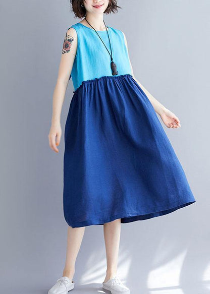 Loose O Neck Sleevless Cotton Linen Quilting Clothes Catwalk Blue Dresses Summer