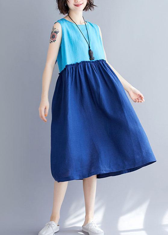 Loose O Neck Sleevless Cotton Linen Quilting Clothes Catwalk Blue Dresses Summer