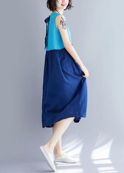 Loose O Neck Sleevless Cotton Linen Quilting Clothes Catwalk Blue Dresses Summer