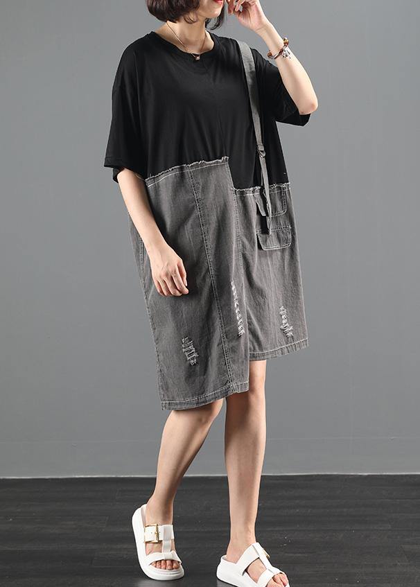 Loose O Neck Summer Tunic Top Runway Black Patchwork Denim Dress