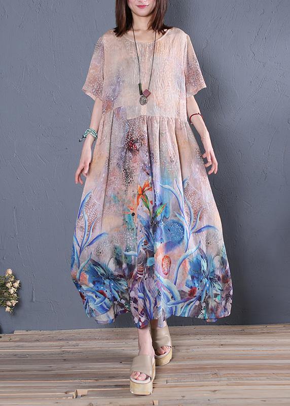Loose O Neck Cinched Linen Summer Clothes Sleeve Blue Print Dress