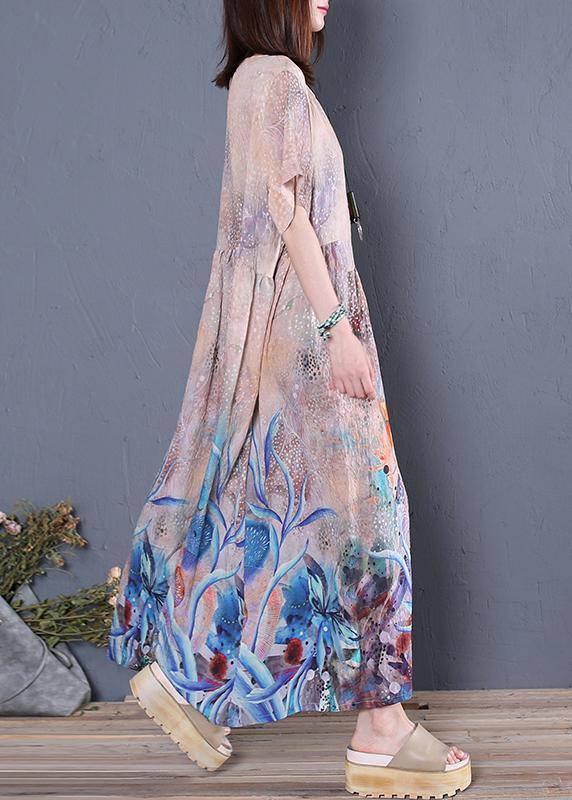 Loose O Neck Cinched Linen Summer Clothes Sleeve Blue Print Dress