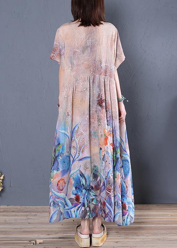 Loose O Neck Cinched Linen Summer Clothes Sleeve Blue Print Dress
