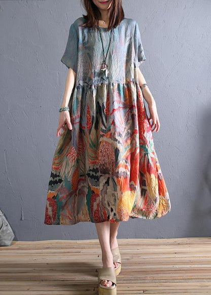 Loose O Neck Cinched Linen Summer Clothes Wardrobes Khaki Print Dress