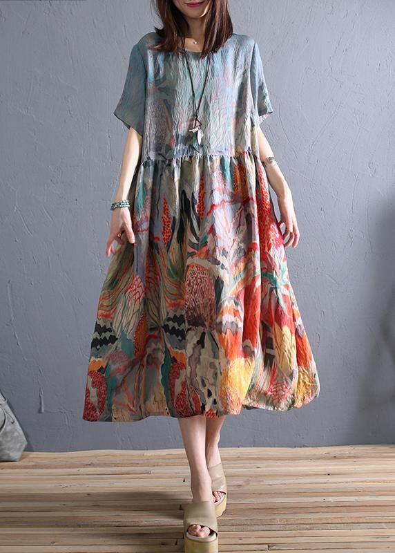 Loose O Neck Cinched Linen Summer Clothes Wardrobes Khaki Print Dress