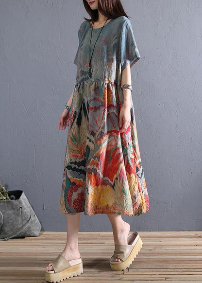 Loose O Neck Cinched Linen Summer Clothes Wardrobes Khaki Print Dress
