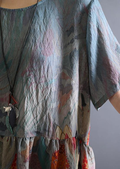 Loose O Neck Cinched Linen Summer Clothes Wardrobes Khaki Print Dress
