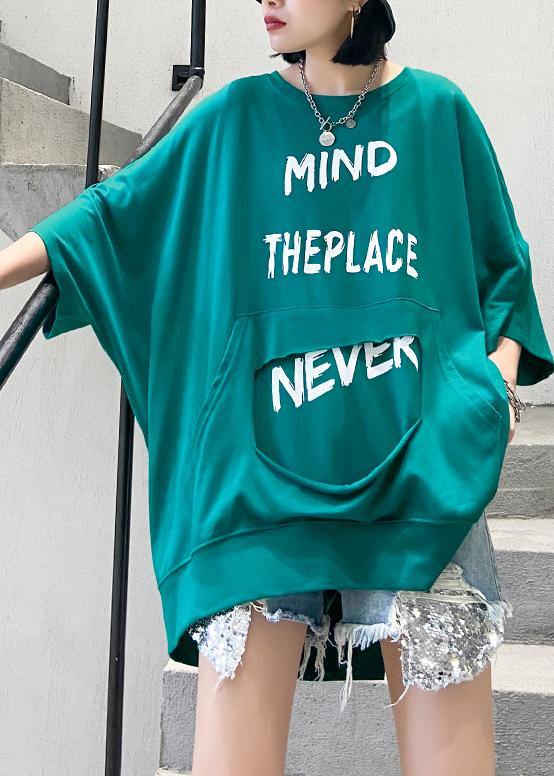 Loose O Neck Zippered Cotton Tops Blue Green Blouse