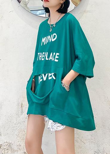 Loose O Neck Zippered Cotton Tops Blue Green Blouse