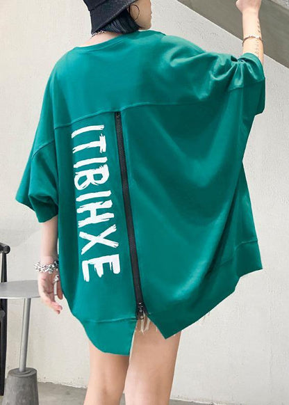 Loose O Neck Zippered Cotton Tops Blue Green Blouse