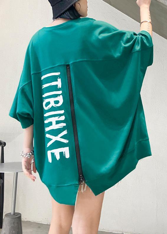 Loose O Neck Zippered Cotton Tops Blue Green Blouse