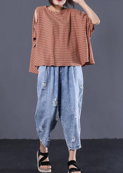 Loose Off the Shoulder Sleeve Cotton Crane Tops Cotton Dark Khaki Striped Tops Summer