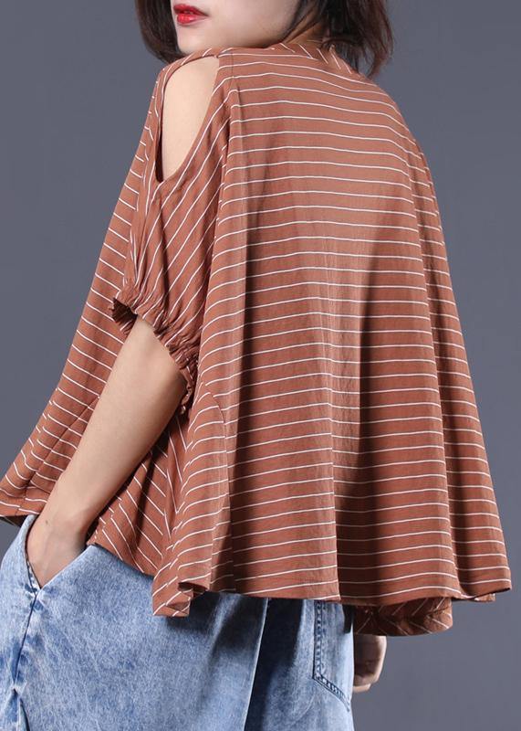 Loose Off the Shoulder Sleeve Cotton Crane Tops Cotton Dark Khaki Striped Tops Summer