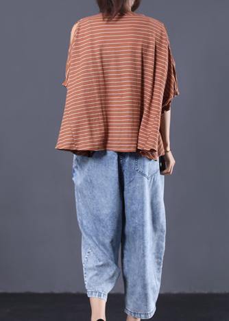 Loose Off the Shoulder Sleeve Cotton Crane Tops Cotton Dark Khaki Striped Tops Summer