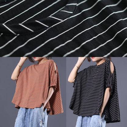 Loose Off the Shoulder Sleeve Cotton Crane Tops Cotton Dark Khaki Striped Tops Summer