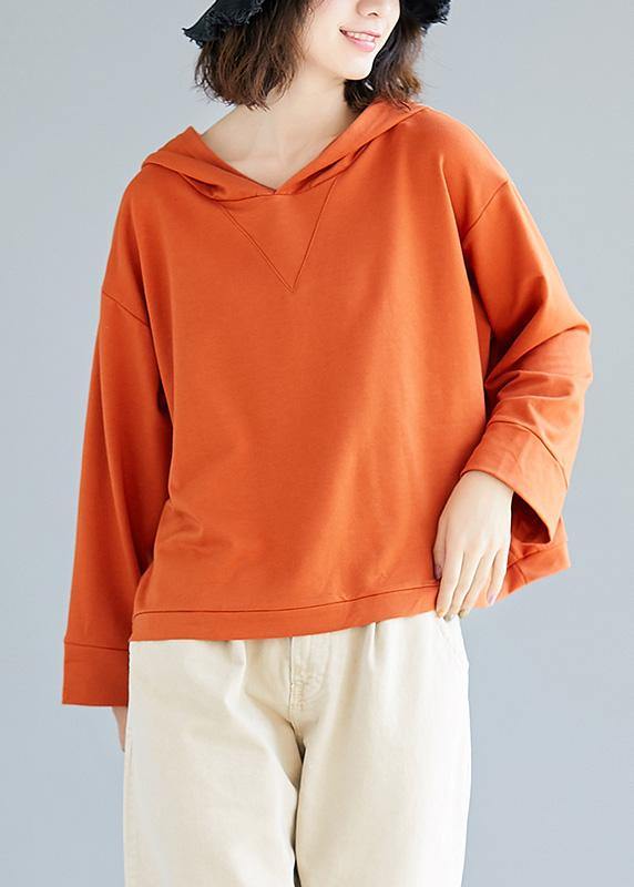 Loose Orange Cotton Blouses for Hooded Loose Fall Top