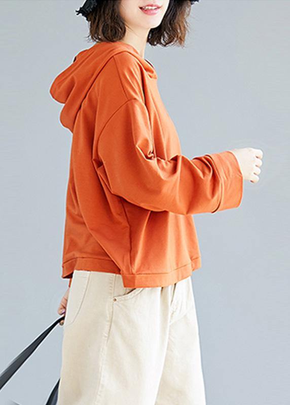 Loose Orange Cotton Blouses for Hooded Loose Fall Top